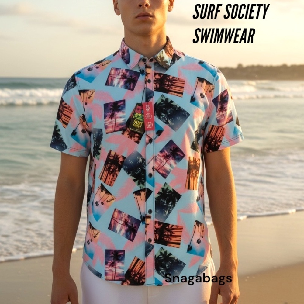Surf Society Swimwear NWT Men’s XL Button Up Shirt Bright Fun Print UV Moisture